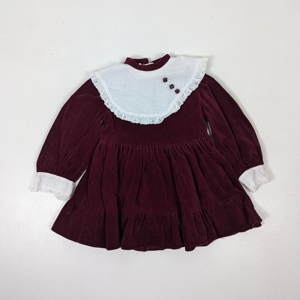 Vintage Dress Girls Size 2T Maroon Velvet Christmas Holiday